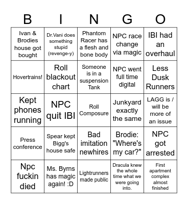 Time Skip Bingo Card
