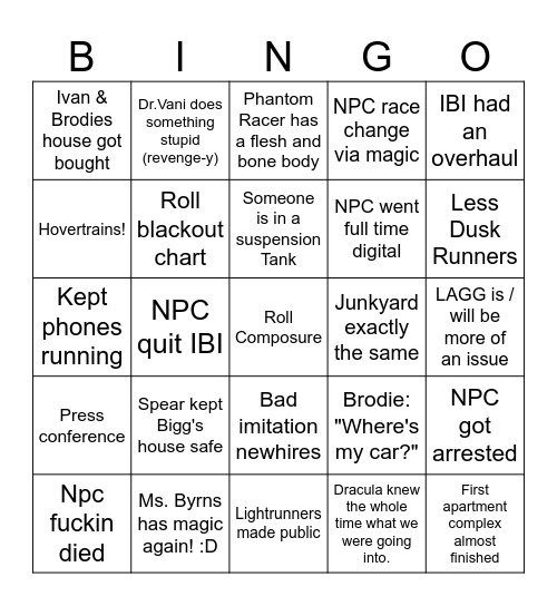 Time Skip Bingo Card