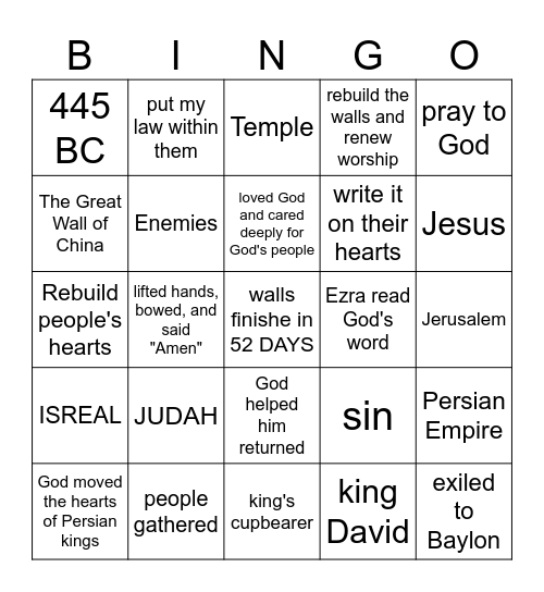 NEHEMIAH 6-8 WALLS AND WORSHIP Bingo Card