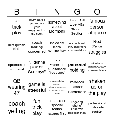 BYU Football Bingo Card