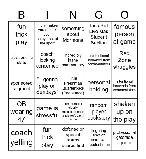 BYU Football Bingo Card