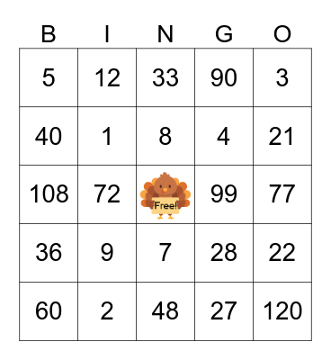 Thanksgiving Math Bingo Card