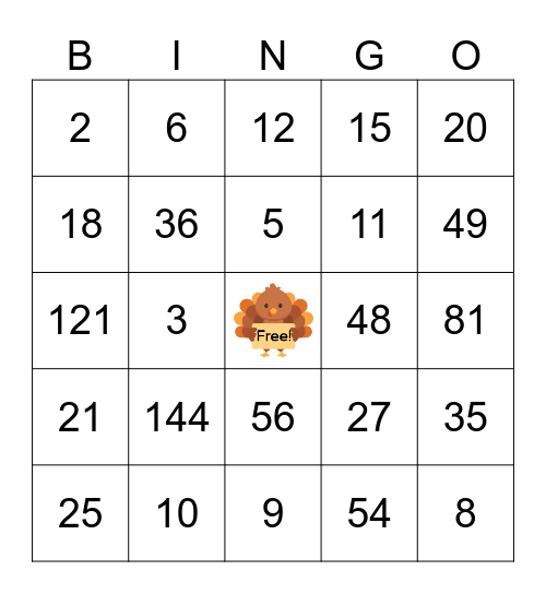 Thanksgiving Math Bingo Card