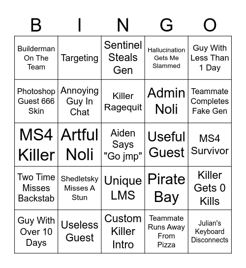 Forsaken Bingo Card