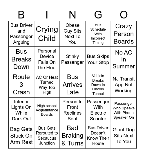 NJ Transit Bus to NY Bingo Card