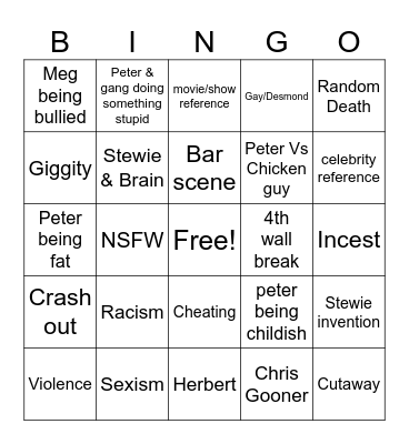 Family Guy Bingo Card