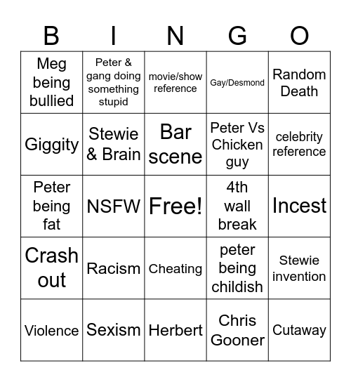 Family Guy Bingo Card