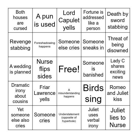 Romeo & Juliet Act III Bingo Card