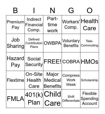 Indirect & Non-financial Compensation Bingo Card