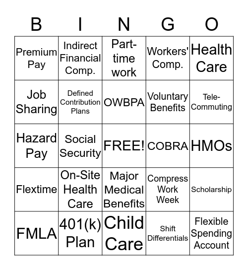 Indirect & Non-financial Compensation Bingo Card