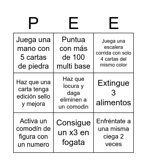 Pendejo Bingo Card