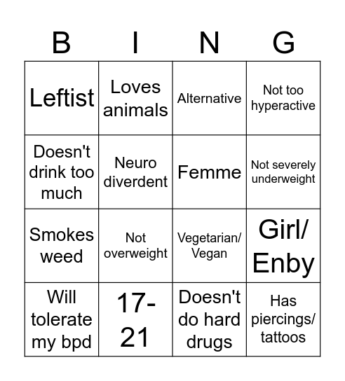 Stelle's type Bingo Card