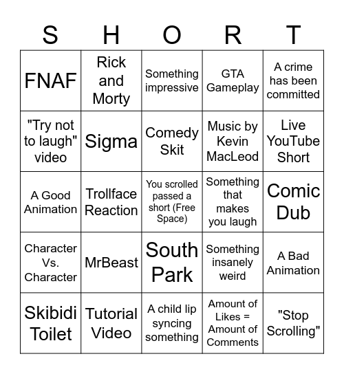 YouTube Shorts Bingo Card