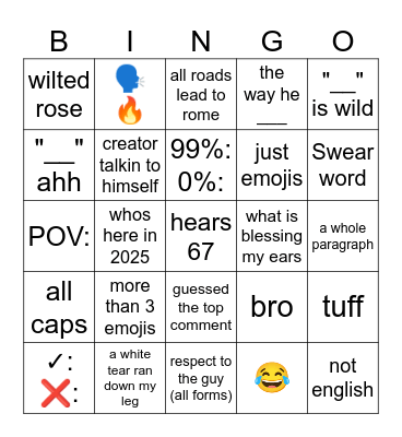 comment section Bingo Card