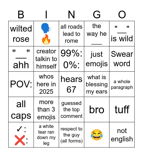 comment section Bingo Card