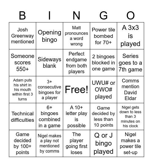 WSC Finals Bingo Card