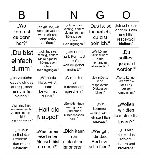 Zivilcourage - achtsame Gegenrede Bingo Card