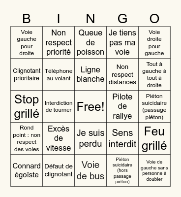 Infractions de la route Bingo Card