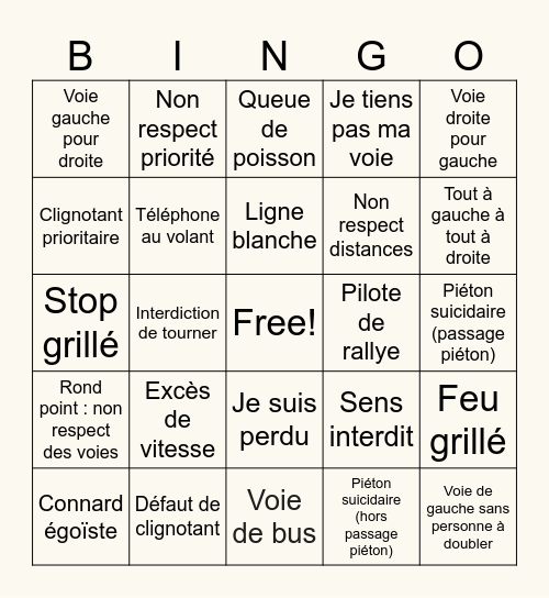 Infractions de la route Bingo Card