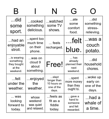 The weekend Bingo Card