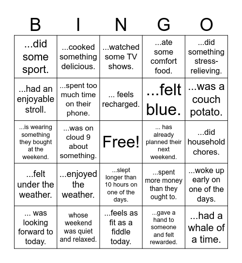 The weekend Bingo Card