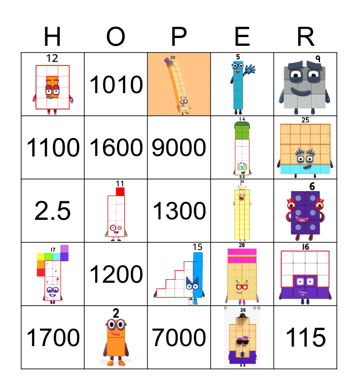 Number blocks Bingo Card
