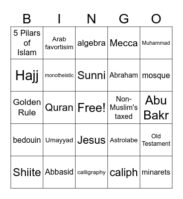 Islamic Empires Bingo Card
