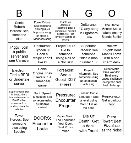 Gaming Bingo Card