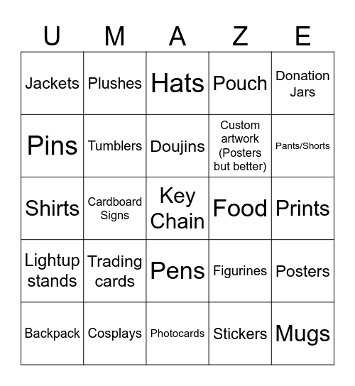 Umazing Merch Bingo Card