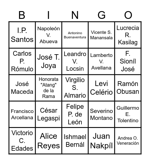 Philippine National Artists Bingo Card