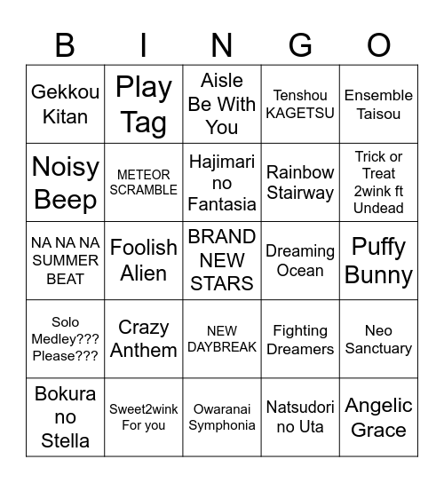 Starry Symphony Day 1 Setlist Bingo Card