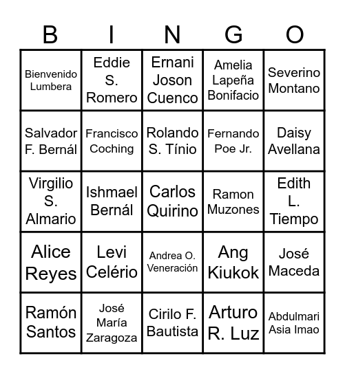 Philippine National Artists Bingo Card