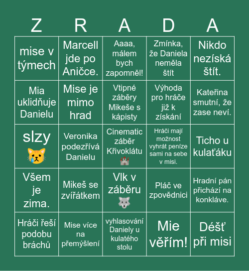 ZRÁDCI S2 EP11 Bingo Card