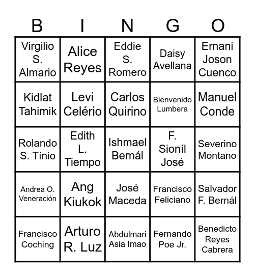 Philippine National Artists Bingo Card