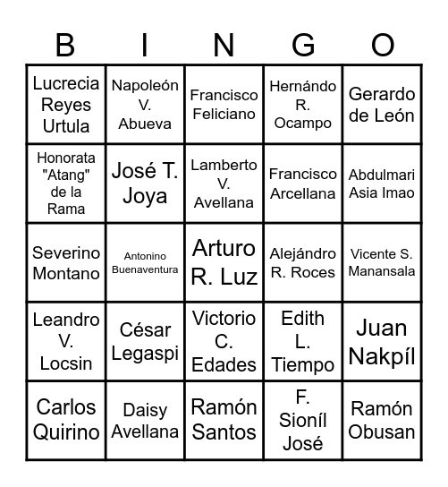 Philippine National Artists Bingo Card