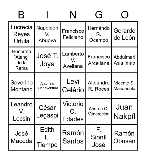 Philippine National Artists Bingo Card