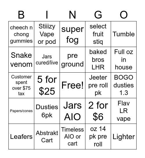 JARS CANNABIS Bingo Card