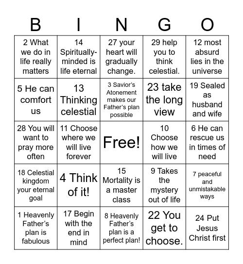 Think Celestial - Pres. Russell M. Nelson Bingo Card