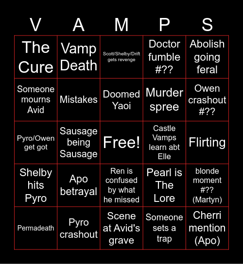 VSMP Finale Bingo Card