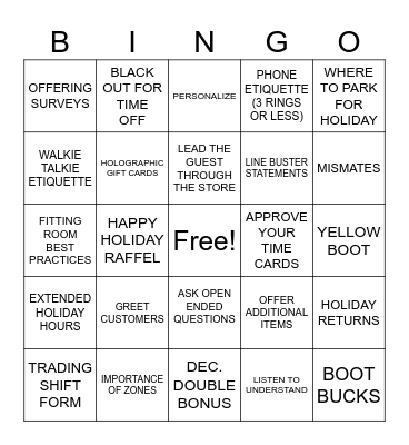 BOOT BARN BINGO Card