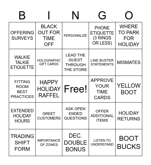 BOOT BARN BINGO Card