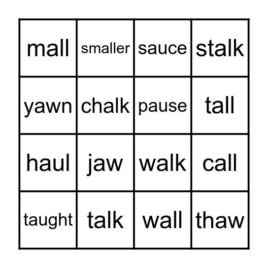 Bingo with aw, au, al, and all Bingo Card
