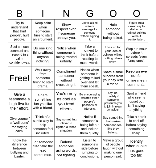 Anti-Bullying Bingo for Base 6 Bingo Card