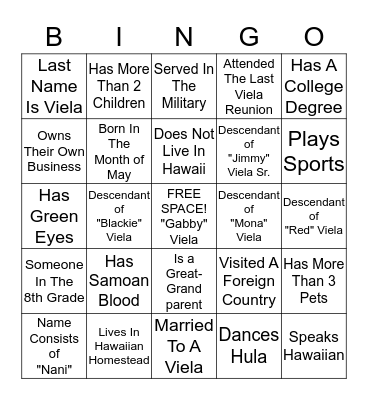 Ohana Viela Reunion Icebreaker Bingo Card