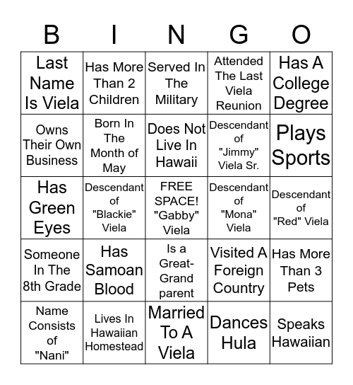 Ohana Viela Reunion Icebreaker Bingo Card