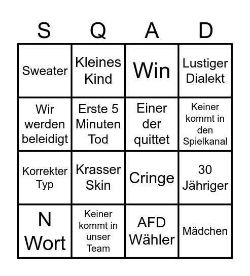 Fortnite Random Squads Bingo Card