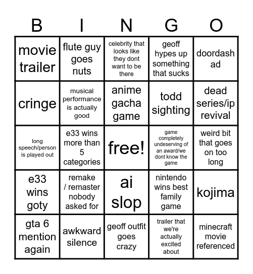 TGA25 Bingo Card
