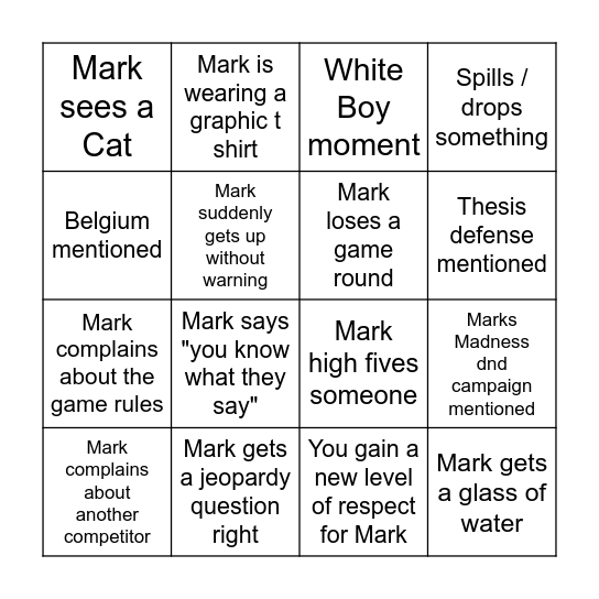 Boys Night Bingo Card