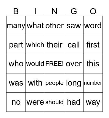 Trick Words Bingo Card