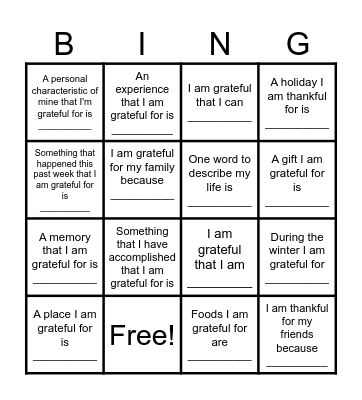 Gratitude BINGO Card